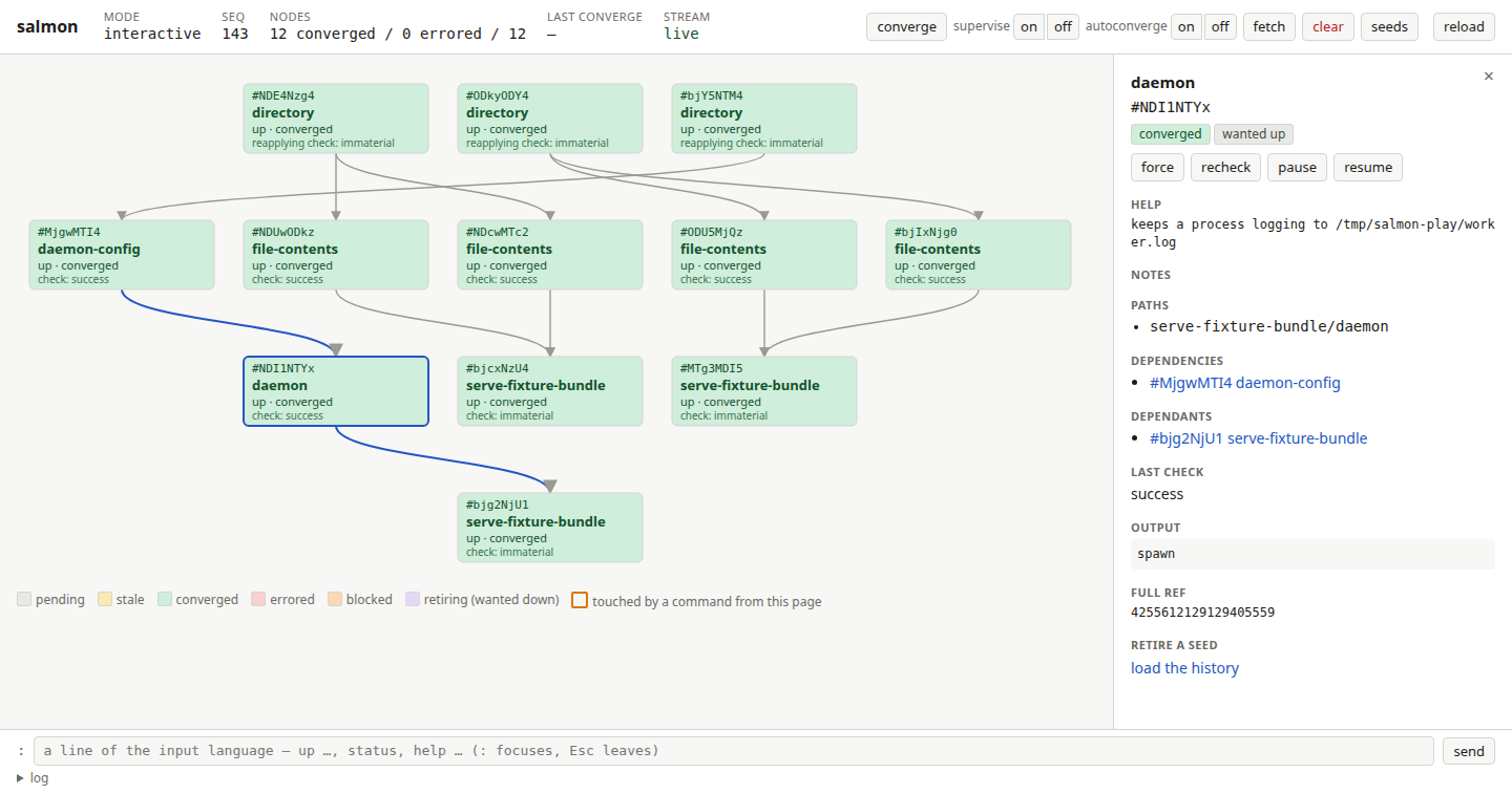 The serve web UI: a node’s panel, with its last check and output